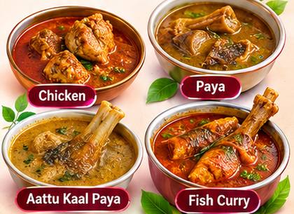 Bowls of chicken gravy, paya and fish curry